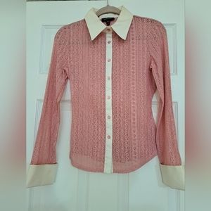 Bebe - Pink Sheer Shirt with White Cotton Collar and Cuffs